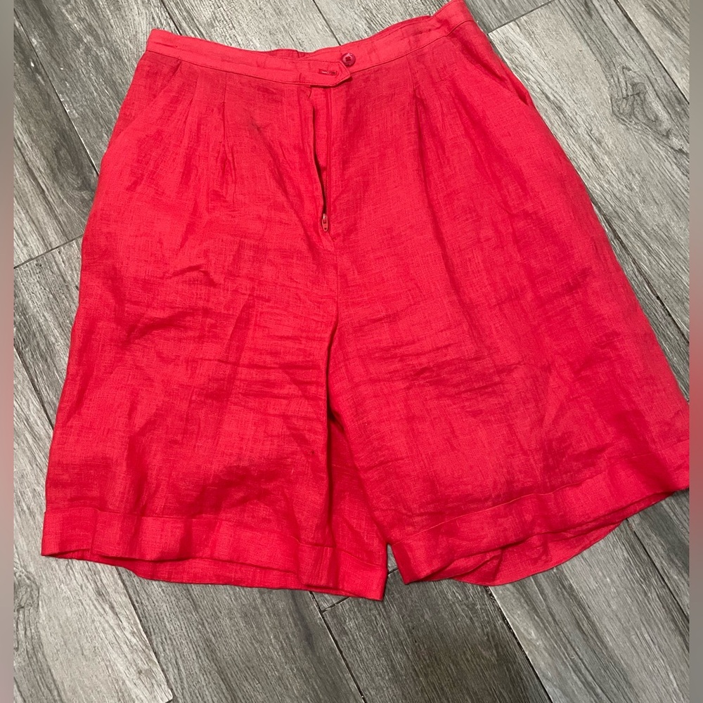 Vintage Arlene Daniels Red 100%Linen high Waist pleated Front Shorts Women’s 10